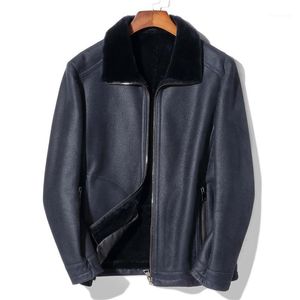 Men's Leather & Faux High Quality Shearling Mens And Fur In One Coat Navy Blue Genuine Jacket Winter Sheepskin Outwear