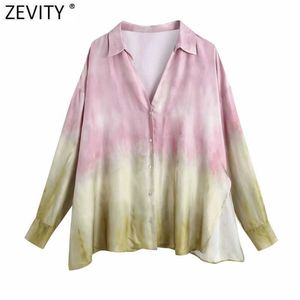 Zevity Frauen Vintage Multi Color Tie Dyed Print Casual Lose Breasted Shirts Weibliche Kimono Bluse Roupas Chic Smock Tops LS9042 210603