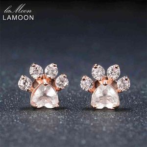 Lamoon Cat Paw Pendientes de plata esterlina para las mujeres Rose Cuarzo Stud Pendiente Piedra de piedras preciosas Piedras Joyas finas EI040