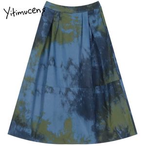 Yitimuceng Vintage Tie Dye Druck Rock Frauen Plissee Hohe Taille Mini A-Line Sommer Büro Dame Mode Röcke 210601