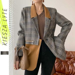 Vintage French Woolen Suit Jacket Winter Contrast Patchwork Plaid Blazer Jackets Femenino Lady Casual Coats Outwear 210608