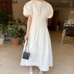 Korejpaa Women Dress Summer Korean Chic Gentle Round Neck Pleated Waist Slimming Solid Color All-Match Puff Sleeve Vestidos 210526