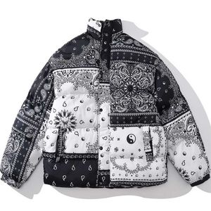 Men Cashew Parka Korean Oversize Stitching Black White Puffer Jacket Fashion Printing Graffiti Coats Hip Hop Loose Streetwear 211129