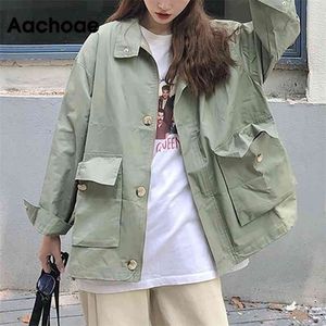 Aachoae Korean Style Loose Cargo Jacket Women Streetwear Batwing Long Sleeve Pockets Coat Vintage Autumn Winter Casual Jackets 210918