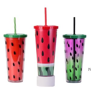 24 oz vattenmelon tumbler plast dubbel vägg sommarfest juice dryck kopp med strån utomhus sport camping vattenflaskor Seaway rra10882