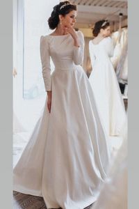 Vestido de casamento modesto cetim vintage com mangas compridas barco pescoço espartilho volta uma linha simples vestidos nupciais feito sob encomenda