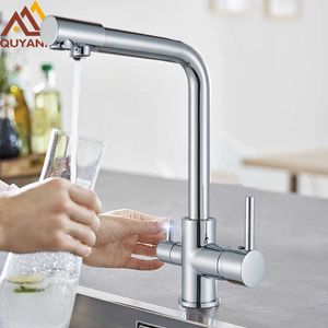 Quyanre Chrome Waterfilter Torneiras Torneiras de Cozinha Misturador Beber Água Filtro 3 Way Torneira de Cozinha Torneira H / C Misturador de Água Torneira 210724