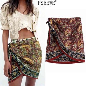 Za Woman Vintage High Waist Mini Skirts Women Beach Sarong Wrap Short Female Side Tie Indie Folk Summer Skirt 210619