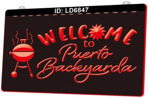 LD6847 Benvenuti a Puerto Backyarda Barbecue Grill Light Sign 3D Incisione LED Vendita al dettaglio all'ingrosso