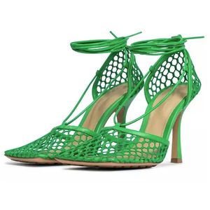 Dress Shoes Net Mesh Thin High Heel Sandals Women Square Toe Ankle Strappy Gladiator Sandalias Summer Sexy Party Nightclub Shoe