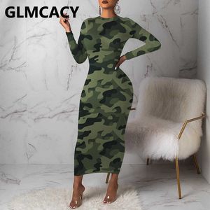 Kvinnor Långärmad Camo Tryckt Bodycon Dress Casual Sexy Evening Party Maxi Dress 210702