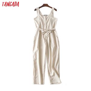 Tangada Women summer solid cotton linen long jumpsuit strap sleeveless female casual Jumpsuit JA127 210609