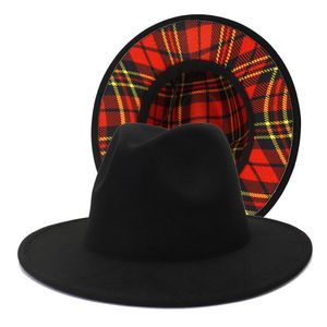 Cappelli Fedora jazz in feltro di lana con patchwork in fondo scozzese nero e rosso per donna