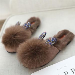 2023 Women's Autumn And Winter Lovely Rabbit Ear Plush Slippers Fashion Personality Water Drill Indoor Soft Bottom Massage