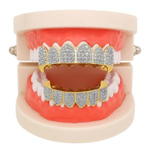 Hip Hop Rock Iced Out Zircon Fang Mouth Teeth Grillz Caps Top & Bottom Grill Set Men Women Vampire Grills Body Jewelry