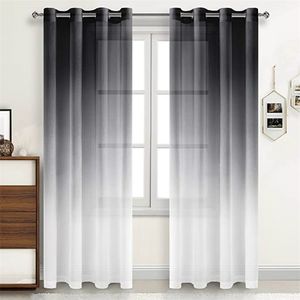 Schwarz-grauer Leinen-Vorhang mit Farbverlauf, Halb-Voile-Vorhänge, Ösen oben, Fenstervorhang für Schlafzimmer, Wohnzimmer, 132 x 213 cm, 210712