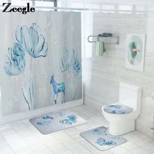 Bath Mats Floral Mat And Shower Curtain Microfiber Bathroom Carpet Absorbent Toilet Rug Set Non-slip Foot