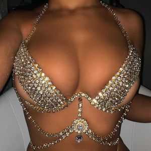 Ins Sexy Rhinestone Hollow Tassel Грудная цепь цепи цепи цепи цепи для тела для девочек ночной клуб роскошный кристалл кулон подвесной брульетка верхняя часть тела ювелирные изделия X0726