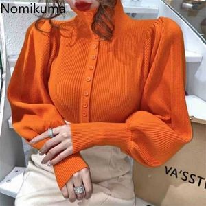 Nomikuma Sweater Coat Korean Puff Long Sleeve Women Knitwear Spring Single Breasted Turtleneck Knitted Cardigan 6D839 211011