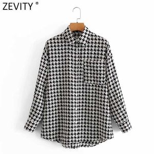 Zevity kvinnor helt enkelt svart houndstooth print blouse damer långärmad ficka skjorta chic femme breasted blusas toppar ls7498 210603