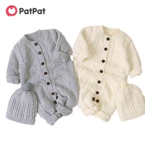 Ankomst Vår och höst Baby Stickad Solid Långärmad Jumpsuit En Pom-Pom Design Hat Barnkläder 210528