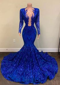 Shiny Long Evening Dresses 2022 Sexy Mermaid Long Sleeve Sheer Neckline Royal Blue Mermaid African Black Girls Prom Gala Gowns