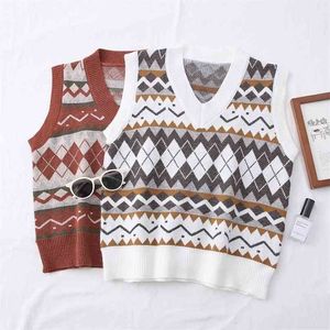 Frühling Herbst Diamant Plaid Pullover Frauen V-ausschnitt Ärmellose Weste Gestrickte Top Weibliche Koreanische Vintage Pullover 210525