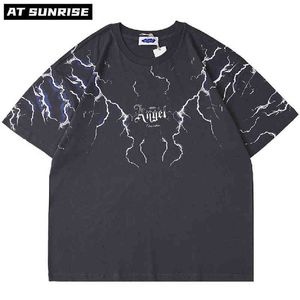Hip Hop Casual Men's T Shirt Dark Lightning T-shirt Harajuku bomullsgata Kläder Kortärmad T-shirt 2021 Street Tees Grey G1229
