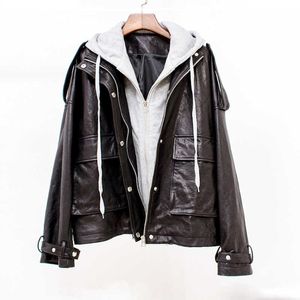 PERHAPS U Women PU Faux Leather Black Jacket Pocket Hooded Outwear Button High Street C0302 210529