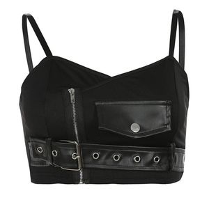 Rosetic Kırmızı Ekose Seksi Kayış Tank Üst Kadınlar Yaz Kırpma Tops Moda Backless Camis Goth Zip Pocket Streetwear Punk Kız Siyah 210308