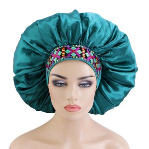 2021 Newly Women Large Size Satin Solid Sleeping Hat Bohemian Pattern Wide Band Bonnet For Curly Springy Hair Night Cap Wholesale