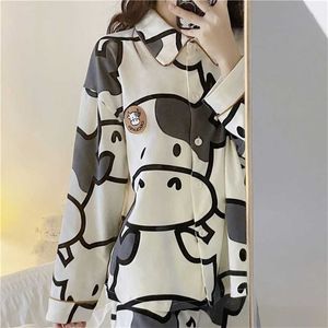 Qweek vaca impressão mulheres pijamas casa roupas bonito outono inverno pajama despeje femme kawaii sleepwear pijamas nightie 211215