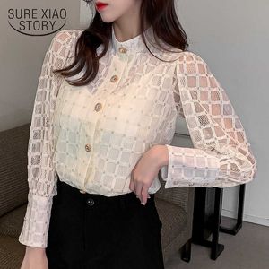 Fashion Stand Collar MeSh Lace Camisa Mulheres Blusa Francês Estilo Blusa Botão De Manga Longa Botão De Fundo Do Outono 12957 210527