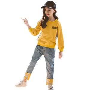 Flickor Sport Kläder Sweatshirt + Jeans Kostym för manschetter Tracksuit Girl Patchwork Barnkläder 6 8 10 12 14 210527