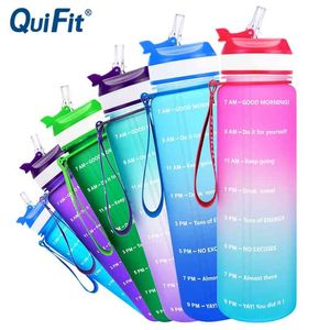 Quifit 1l 34oz Tritan vattenflaska med halm BPA Gratis Drickskoppar Cykelflaskor Portable Gym Outdoor Sport Fitness Jug 210914