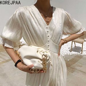 Korejpaa Frauen Kleid Sommer Korea Elegante Temperament V-ausschnitt Kleine-Breasted Hohe Taille Glanz Rüschen Puff Sleeve Vestido 210526