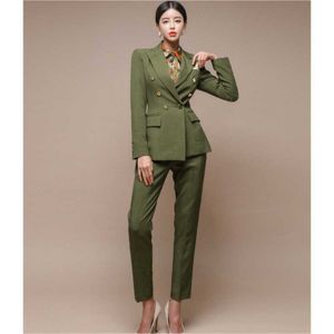 Autumn Office Lady Women Trouser suit Fashion Double Breasted Outerwear + Formal Pencil Work Wear Pants Set 210531