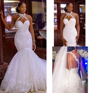 2022 Niesamowite Suknie ślubne Syrenki Plus Size High Neck See Chociaż Back Lace Aplikacja African Vestidos de Novia Sukienka Bridal Damska