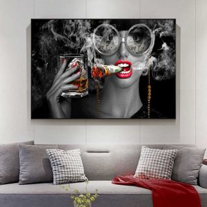Red Lip Fashion Woman Canvas Poster Black and White Cigarette Wall Art Print Painting Wall Pictures for Living room Home Decor X0726