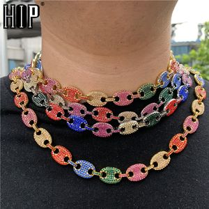 HIP HOP 13MM Iced Out CZ Multi-Colors Coffee Bean Pig Nose Alloy Rhinestone Charm Link Chain Bling Necklaces for Men Jewelry X0509