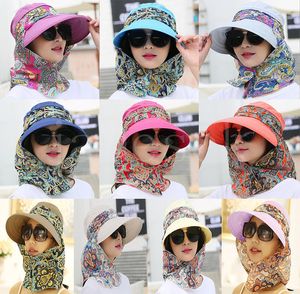 Fashion Women Summer Outdoor Riding Anti-UV Sun Hat Beach Foldable Sunscreen Floral Print Caps Neck Face Wide Brim Hat DE109