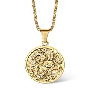 Wholesale chinese ethnic jewelry resale online - New Vintage Gold Color Round Chinese Ethnic Zodiac Dragon Pendant Necklace Box Chain Mascot Ornament Jewelry GP427
