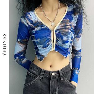 Yedinas Tie Dye Blue Crop Top Damen Mesh T-Shirt Lange Ärmel Cropped Cardigan V-Ausschnitt Designer Slim T-Shirts Y2k Ästhetische Tops 210527