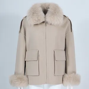 OFTBUY Real Fur Coat Winter Jacket Women Natural Fox Fur Collar Cuffs Wool Cashmere Blends Pockets Outerwear Streetwear New