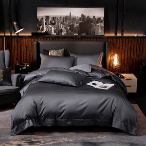 Hemtextilier Egyptiska bomullssängar Ställ in rena färger Broderi Bed Set Duvet Cover Bed Sheet High End Premium King Queen Size 210317