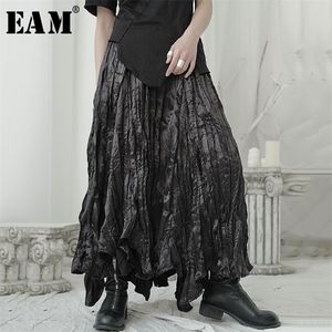 [eam] عالية مرونة الخصر الأسود مطوي غير النظامية مزاجه طويل نصف الجسم تنورة النساء أزياء ربيع جديد الخريف 1u965 210310