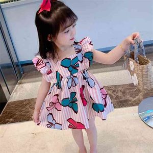 Summer Girls' Dress Striped Bowknot Casual Flying Sleeve Party Princess Cute Children's Baby Kids Girls Clothing 210625