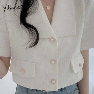 Yitimuceng Office Lady Blazer Women Suit Button Up Short Sleeve Clothing Elegant Unicolor White Jacket Summer Fashion 210601