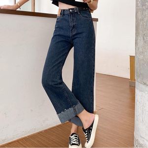 Jeans da donna blu scuro vita alta denim sottile donna pantaloni arrotolati larghi dritti marca qualità marea sexy