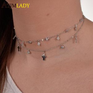 Pendanthalsband 2021 Design Cubic Zirconia Crystal Gold White Rose Silver Color Dangle Star CZ Drop Choker Jewellery for Women